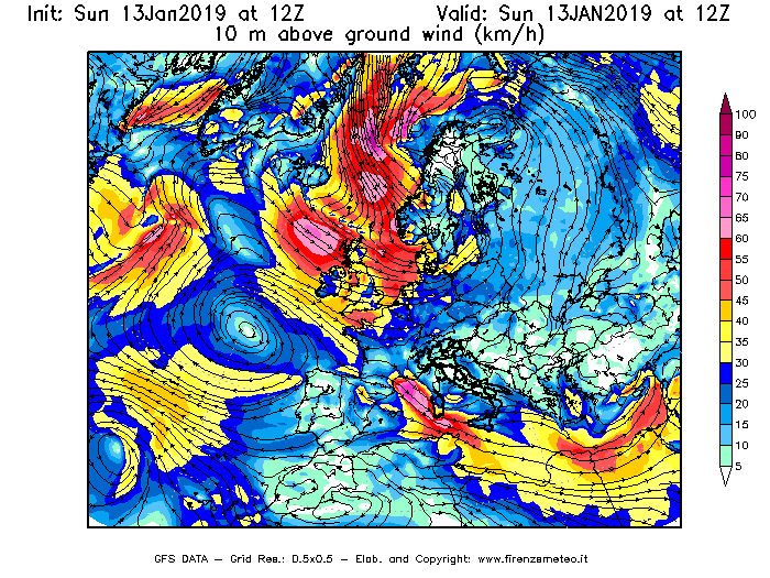 Mappa di analisi GFS - Velocità del vento a 10 metri dal suolo [km/h] in Europa
							del 13/01/2019 12 <!--googleoff: index-->UTC<!--googleon: index-->