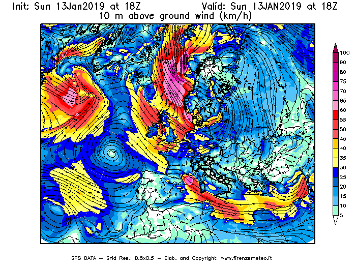 Mappa di analisi GFS - Velocità del vento a 10 metri dal suolo [km/h] in Europa
							del 13/01/2019 18 <!--googleoff: index-->UTC<!--googleon: index-->