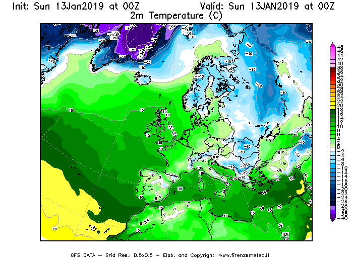 Mappa di analisi GFS - Temperatura a 2 metri dal suolo [°C] in Europa
							del 13/01/2019 00 <!--googleoff: index-->UTC<!--googleon: index-->