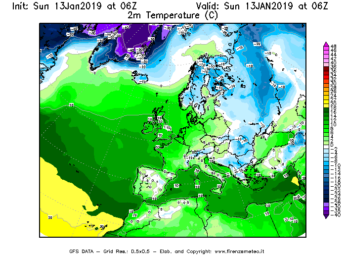 Mappa di analisi GFS - Temperatura a 2 metri dal suolo [°C] in Europa
							del 13/01/2019 06 <!--googleoff: index-->UTC<!--googleon: index-->