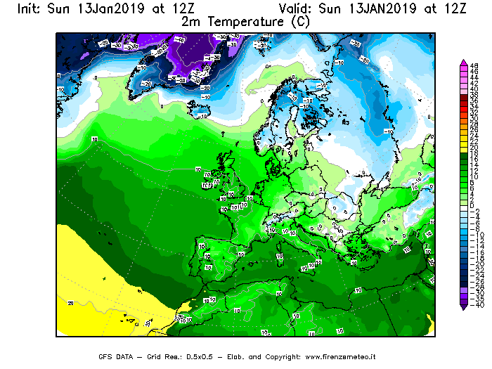 Mappa di analisi GFS - Temperatura a 2 metri dal suolo [°C] in Europa
							del 13/01/2019 12 <!--googleoff: index-->UTC<!--googleon: index-->