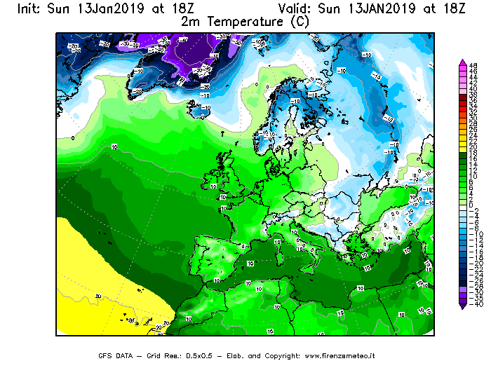 Mappa di analisi GFS - Temperatura a 2 metri dal suolo [°C] in Europa
									del 13/01/2019 18 <!--googleoff: index-->UTC<!--googleon: index-->