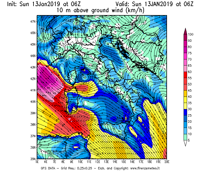 Mappa di analisi GFS - Velocità del vento a 10 metri dal suolo [km/h] in Italia
									del 13/01/2019 06 <!--googleoff: index-->UTC<!--googleon: index-->