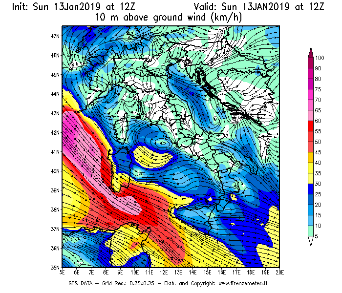 Mappa di analisi GFS - Velocità del vento a 10 metri dal suolo [km/h] in Italia
							del 13/01/2019 12 <!--googleoff: index-->UTC<!--googleon: index-->