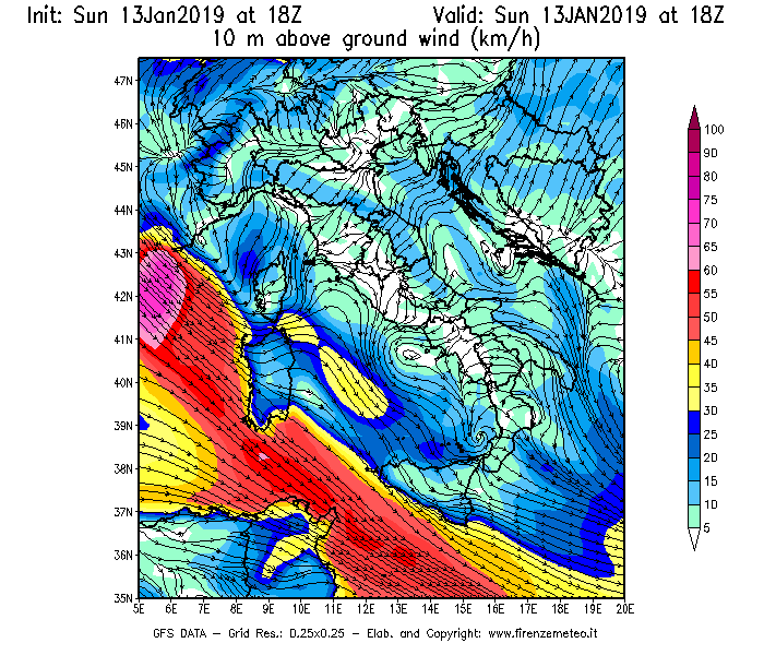 Mappa di analisi GFS - Velocità del vento a 10 metri dal suolo [km/h] in Italia
							del 13/01/2019 18 <!--googleoff: index-->UTC<!--googleon: index-->