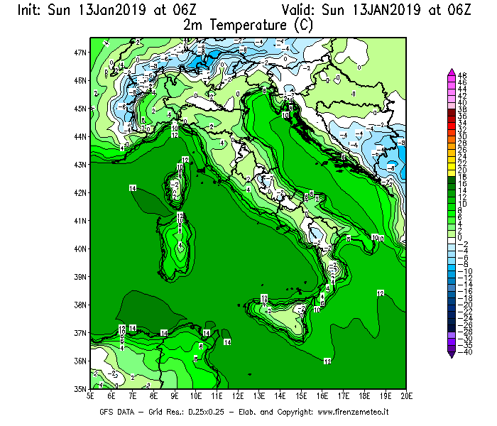 Mappa di analisi GFS - Temperatura a 2 metri dal suolo [°C] in Italia
							del 13/01/2019 06 <!--googleoff: index-->UTC<!--googleon: index-->