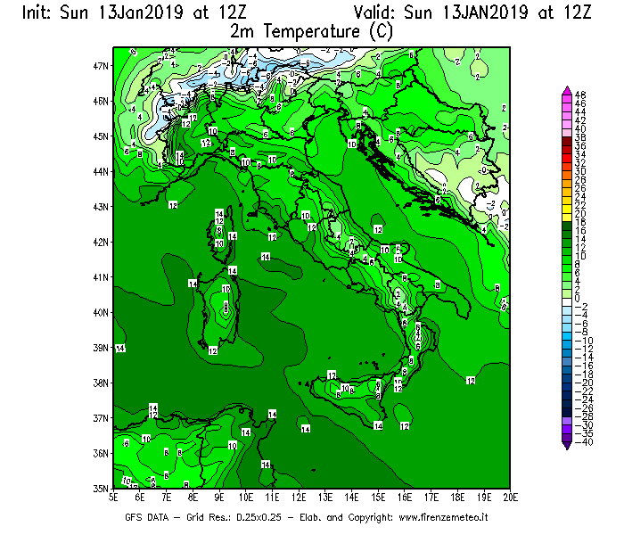 Mappa di analisi GFS - Temperatura a 2 metri dal suolo [°C] in Italia
									del 13/01/2019 12 <!--googleoff: index-->UTC<!--googleon: index-->