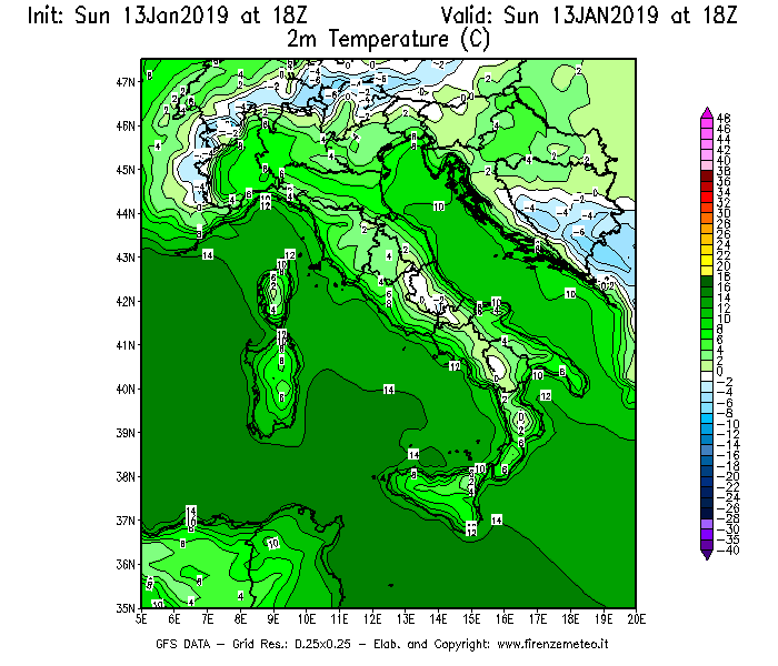 Mappa di analisi GFS - Temperatura a 2 metri dal suolo [°C] in Italia
							del 13/01/2019 18 <!--googleoff: index-->UTC<!--googleon: index-->