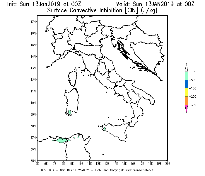 Mappa di analisi GFS - CIN [J/kg] in Italia
									del 13/01/2019 00 <!--googleoff: index-->UTC<!--googleon: index-->