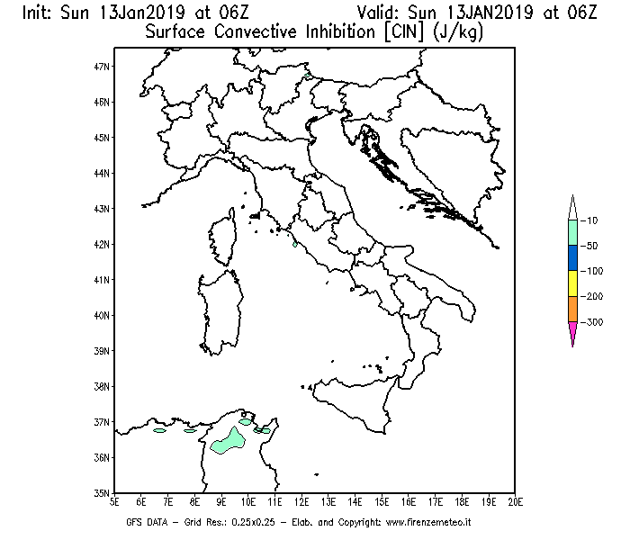 Mappa di analisi GFS - CIN [J/kg] in Italia
							del 13/01/2019 06 <!--googleoff: index-->UTC<!--googleon: index-->