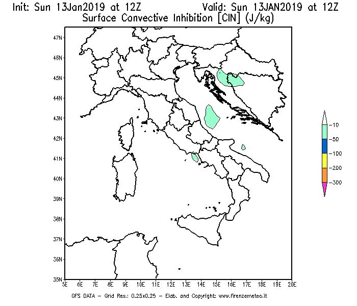Mappa di analisi GFS - CIN [J/kg] in Italia
									del 13/01/2019 12 <!--googleoff: index-->UTC<!--googleon: index-->