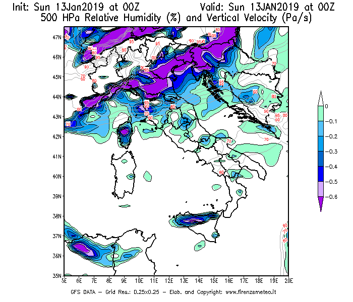 Mappa di analisi GFS - Umidità relativa [%] e Omega [Pa/s] a 500 hPa in Italia
									del 13/01/2019 00 <!--googleoff: index-->UTC<!--googleon: index-->