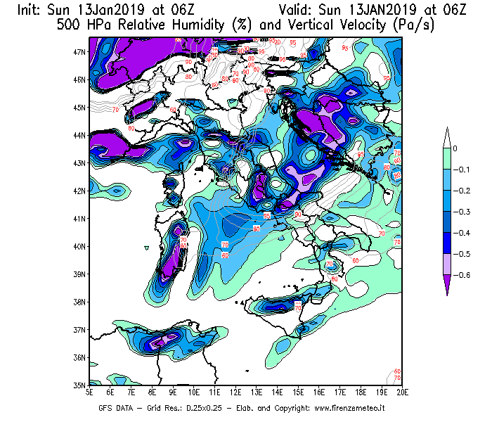 Mappa di analisi GFS - Umidità relativa [%] e Omega [Pa/s] a 500 hPa in Italia
							del 13/01/2019 06 <!--googleoff: index-->UTC<!--googleon: index-->