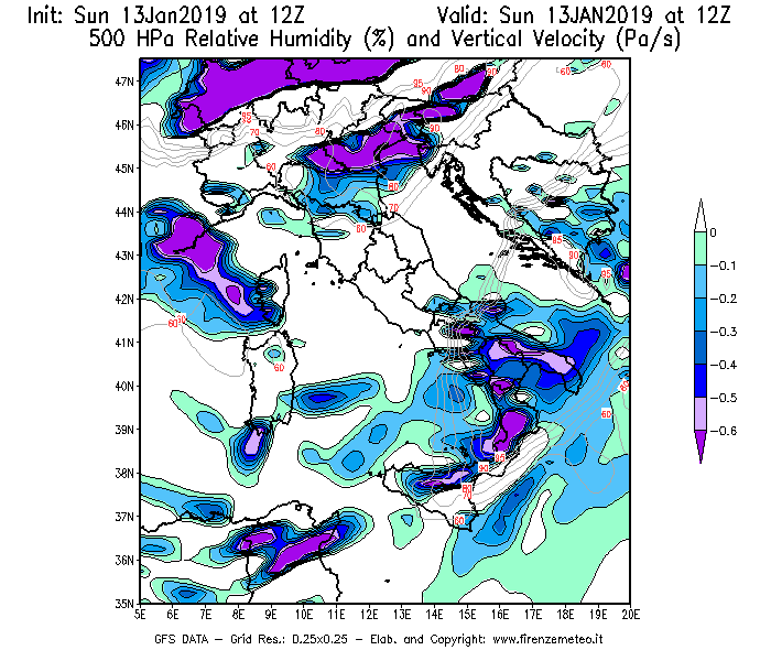 Mappa di analisi GFS - Umidità relativa [%] e Omega [Pa/s] a 500 hPa in Italia
							del 13/01/2019 12 <!--googleoff: index-->UTC<!--googleon: index-->