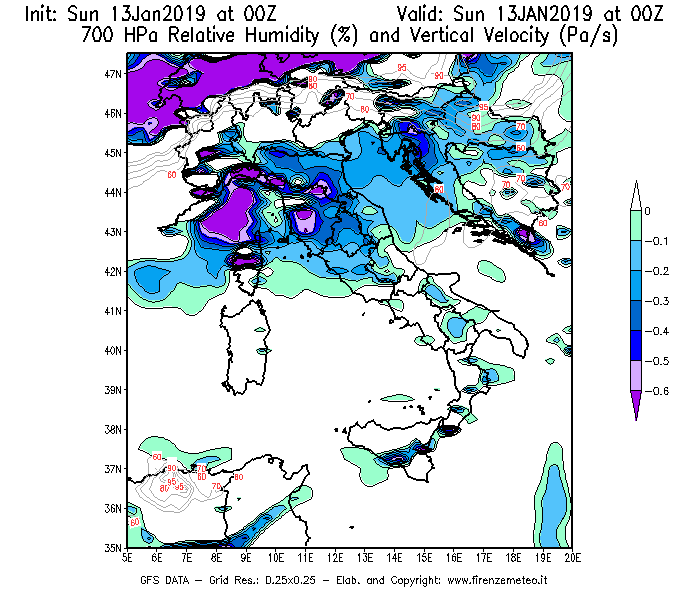 Mappa di analisi GFS - Umidità relativa [%] e Omega [Pa/s] a 700 hPa in Italia
							del 13/01/2019 00 <!--googleoff: index-->UTC<!--googleon: index-->