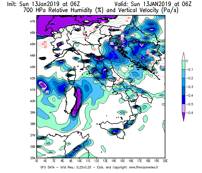 Mappa di analisi GFS - Umidità relativa [%] e Omega [Pa/s] a 700 hPa in Italia
									del 13/01/2019 06 <!--googleoff: index-->UTC<!--googleon: index-->