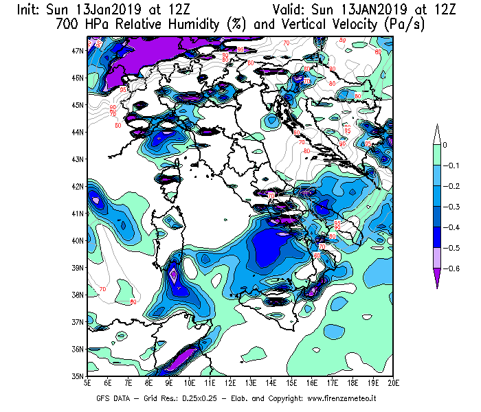 Mappa di analisi GFS - Umidità relativa [%] e Omega [Pa/s] a 700 hPa in Italia
									del 13/01/2019 12 <!--googleoff: index-->UTC<!--googleon: index-->
