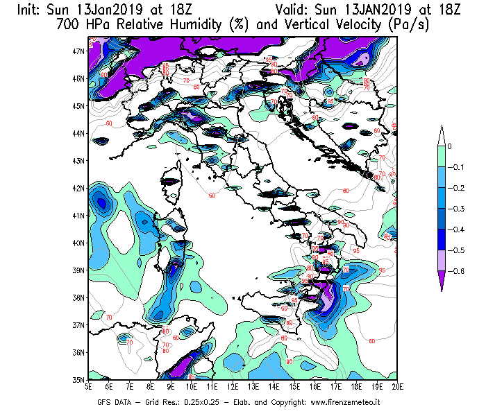Mappa di analisi GFS - Umidità relativa [%] e Omega [Pa/s] a 700 hPa in Italia
									del 13/01/2019 18 <!--googleoff: index-->UTC<!--googleon: index-->