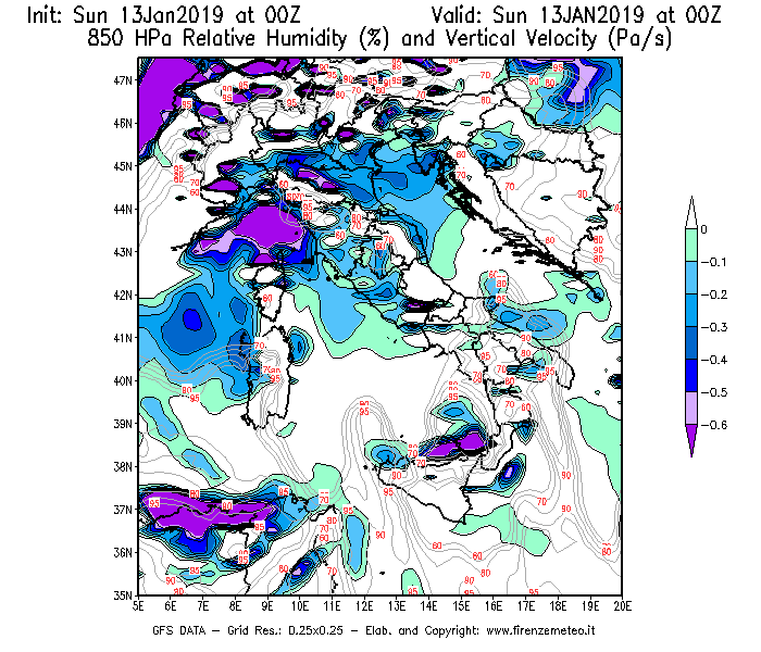 Mappa di analisi GFS - Umidità relativa [%] e Omega [Pa/s] a 850 hPa in Italia
							del 13/01/2019 00 <!--googleoff: index-->UTC<!--googleon: index-->