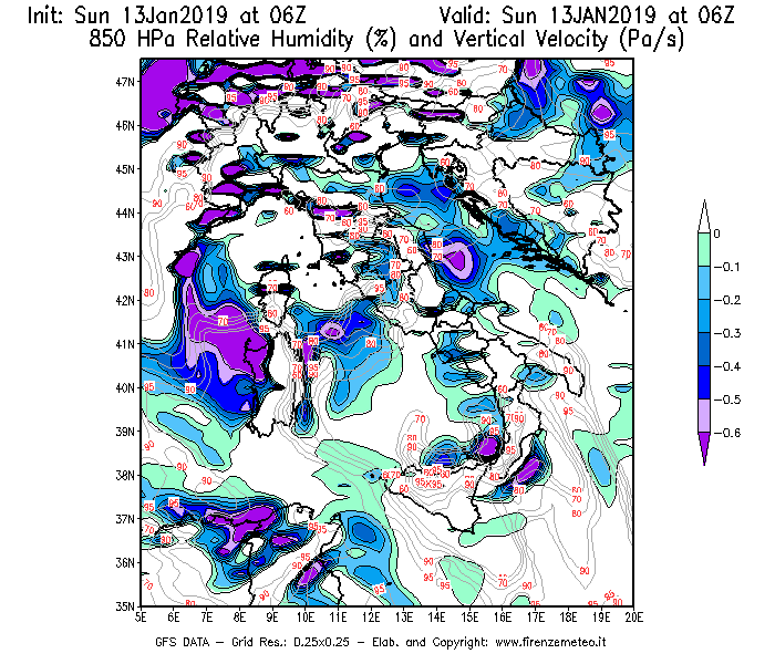 Mappa di analisi GFS - Umidità relativa [%] e Omega [Pa/s] a 850 hPa in Italia
									del 13/01/2019 06 <!--googleoff: index-->UTC<!--googleon: index-->