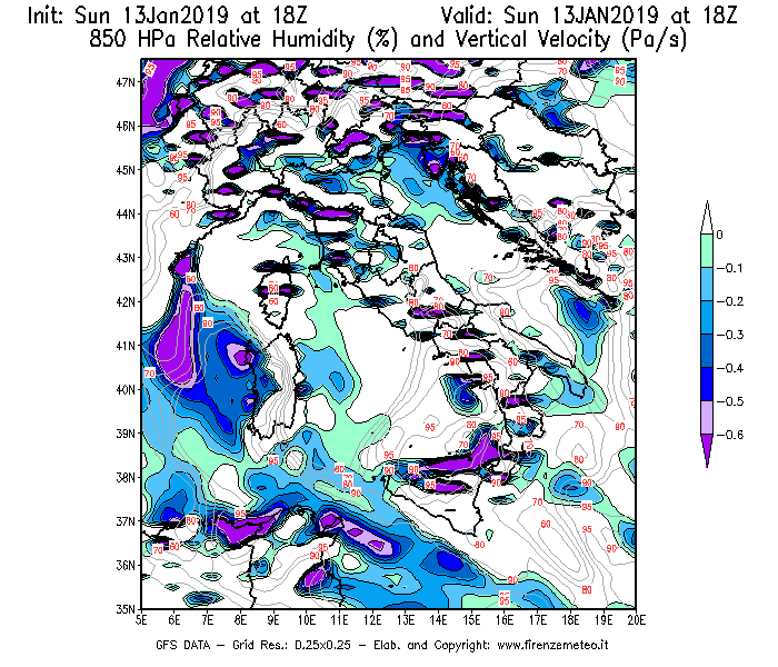 Mappa di analisi GFS - Umidità relativa [%] e Omega [Pa/s] a 850 hPa in Italia
									del 13/01/2019 18 <!--googleoff: index-->UTC<!--googleon: index-->