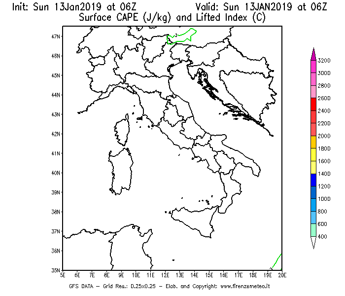 Mappa di analisi GFS - CAPE [J/kg] e Lifted Index [°C] in Italia
							del 13/01/2019 06 <!--googleoff: index-->UTC<!--googleon: index-->