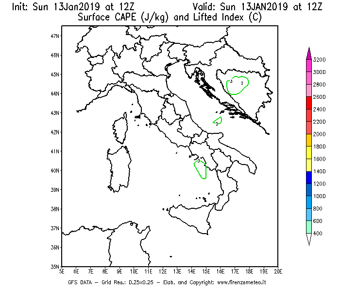Mappa di analisi GFS - CAPE [J/kg] e Lifted Index [°C] in Italia
							del 13/01/2019 12 <!--googleoff: index-->UTC<!--googleon: index-->