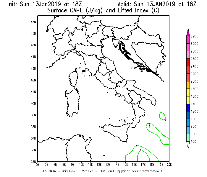 Mappa di analisi GFS - CAPE [J/kg] e Lifted Index [°C] in Italia
									del 13/01/2019 18 <!--googleoff: index-->UTC<!--googleon: index-->
