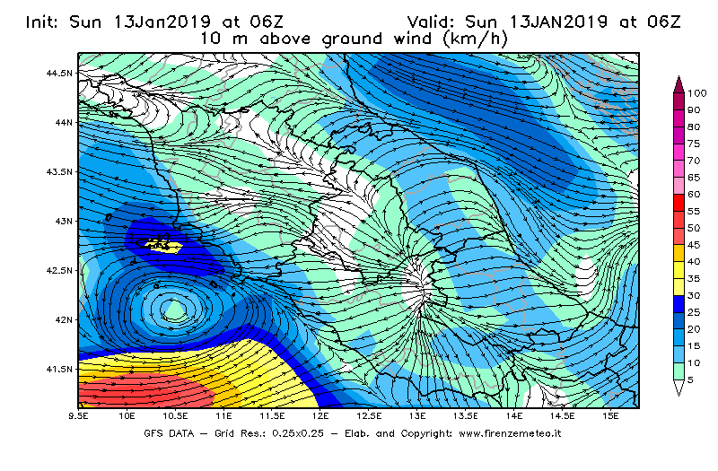 Mappa di analisi GFS - Velocità del vento a 10 metri dal suolo [km/h] in Centro-Italia
							del 13/01/2019 06 <!--googleoff: index-->UTC<!--googleon: index-->