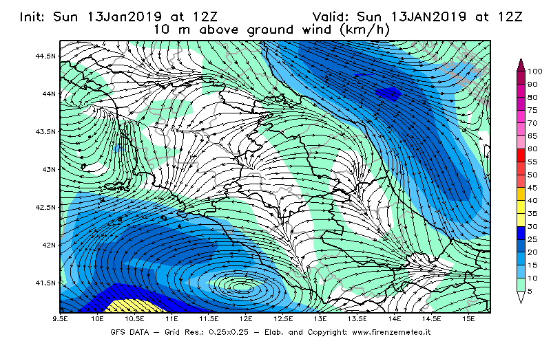 Mappa di analisi GFS - Velocità del vento a 10 metri dal suolo [km/h] in Centro-Italia
									del 13/01/2019 12 <!--googleoff: index-->UTC<!--googleon: index-->