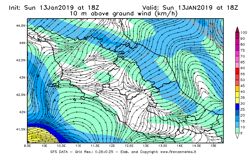 Mappa di analisi GFS - Velocità del vento a 10 metri dal suolo [km/h] in Centro-Italia
							del 13/01/2019 18 <!--googleoff: index-->UTC<!--googleon: index-->