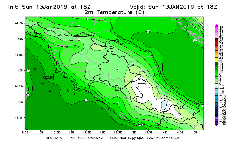 Mappa di analisi GFS - Temperatura a 2 metri dal suolo [°C] in Centro-Italia
									del 13/01/2019 18 <!--googleoff: index-->UTC<!--googleon: index-->
