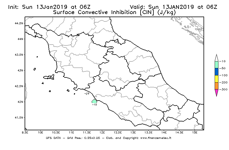 Mappa di analisi GFS - CIN [J/kg] in Centro-Italia
									del 13/01/2019 06 <!--googleoff: index-->UTC<!--googleon: index-->