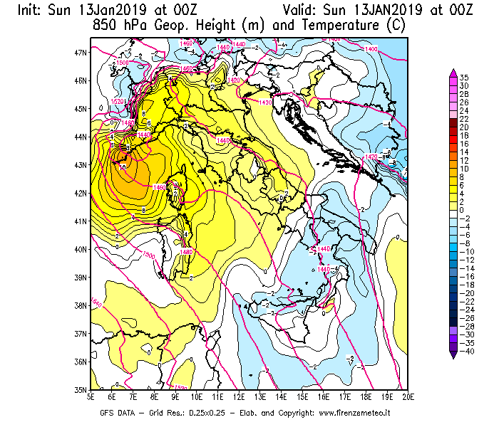 Mappa di analisi GFS - Geopotenziale [m] e Temperatura [°C] a 850 hPa in Italia
									del 13/01/2019 00 <!--googleoff: index-->UTC<!--googleon: index-->