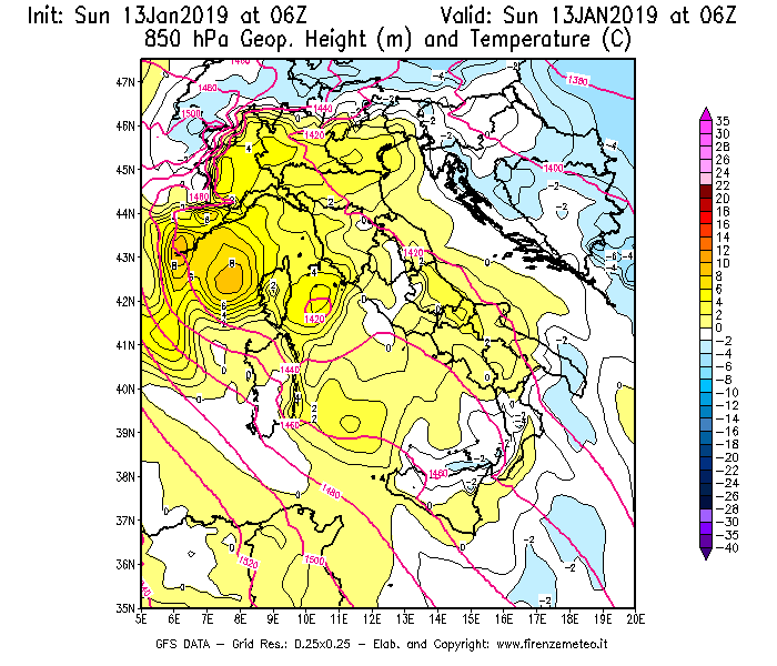 Mappa di analisi GFS - Geopotenziale [m] e Temperatura [°C] a 850 hPa in Italia
									del 13/01/2019 06 <!--googleoff: index-->UTC<!--googleon: index-->