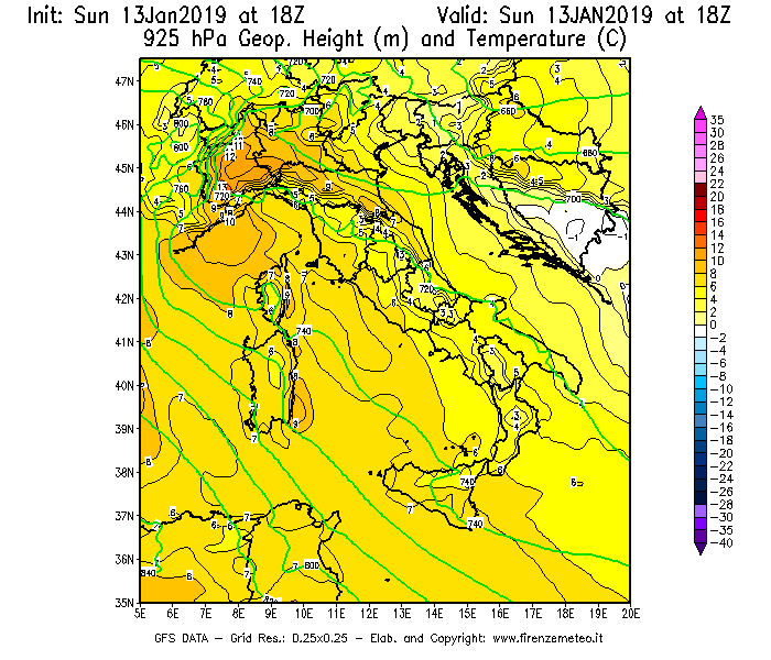 Mappa di analisi GFS - Geopotenziale [m] e Temperatura [°C] a 925 hPa in Italia
									del 13/01/2019 18 <!--googleoff: index-->UTC<!--googleon: index-->