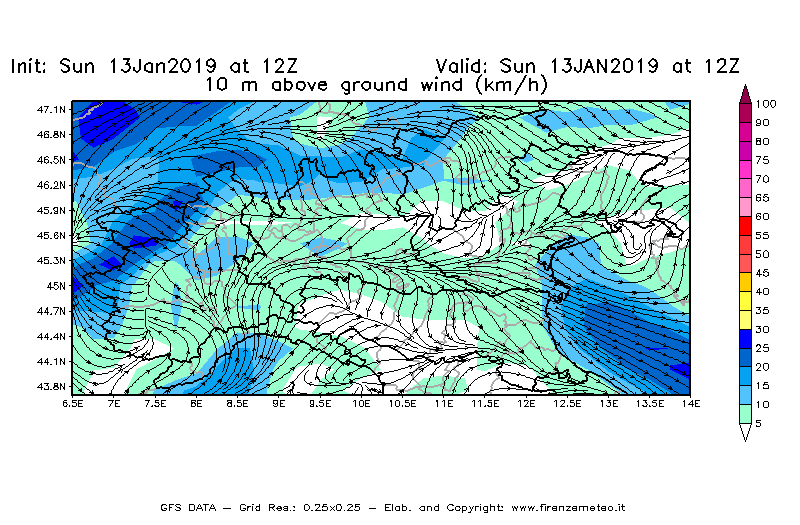 Mappa di analisi GFS - Velocità del vento a 10 metri dal suolo [km/h] in Nord-Italia
									del 13/01/2019 12 <!--googleoff: index-->UTC<!--googleon: index-->