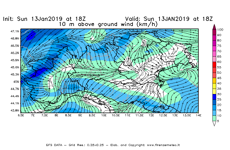 Mappa di analisi GFS - Velocità del vento a 10 metri dal suolo [km/h] in Nord-Italia
							del 13/01/2019 18 <!--googleoff: index-->UTC<!--googleon: index-->