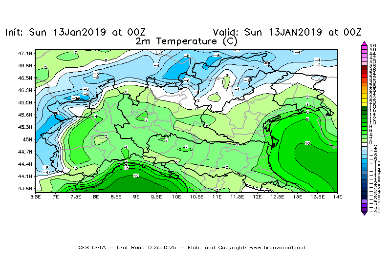 Mappa di analisi GFS - Temperatura a 2 metri dal suolo [°C] in Nord-Italia
							del 13/01/2019 00 <!--googleoff: index-->UTC<!--googleon: index-->