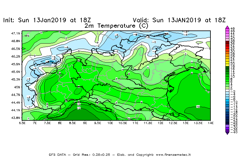 Mappa di analisi GFS - Temperatura a 2 metri dal suolo [°C] in Nord-Italia
							del 13/01/2019 18 <!--googleoff: index-->UTC<!--googleon: index-->