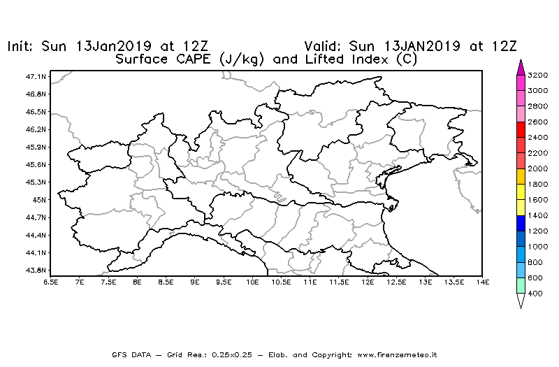 Mappa di analisi GFS - CAPE [J/kg] e Lifted Index [°C] in Nord-Italia
									del 13/01/2019 12 <!--googleoff: index-->UTC<!--googleon: index-->