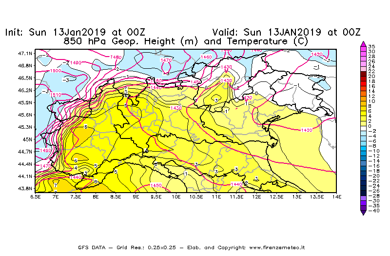 Mappa di analisi GFS - Geopotenziale [m] e Temperatura [°C] a 850 hPa in Nord-Italia
							del 13/01/2019 00 <!--googleoff: index-->UTC<!--googleon: index-->