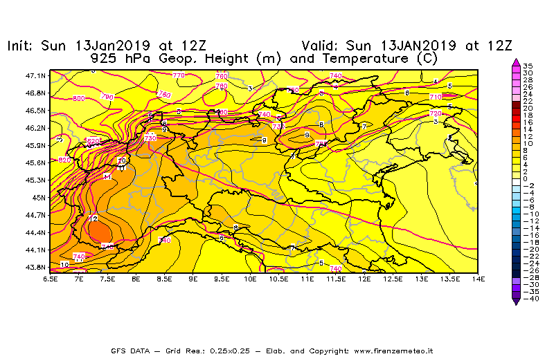 Mappa di analisi GFS - Geopotenziale [m] e Temperatura [°C] a 925 hPa in Nord-Italia
									del 13/01/2019 12 <!--googleoff: index-->UTC<!--googleon: index-->