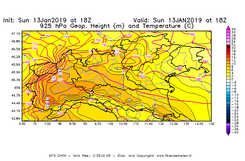 Mappa di analisi GFS - Geopotenziale [m] e Temperatura [°C] a 925 hPa in Nord-Italia
									del 13/01/2019 18 <!--googleoff: index-->UTC<!--googleon: index-->