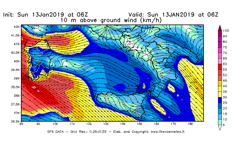Mappa di analisi GFS - Velocità del vento a 10 metri dal suolo [km/h] in Sud-Italia
									del 13/01/2019 06 <!--googleoff: index-->UTC<!--googleon: index-->