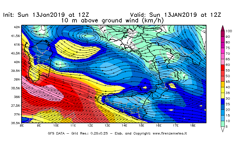 Mappa di analisi GFS - Velocità del vento a 10 metri dal suolo [km/h] in Sud-Italia
							del 13/01/2019 12 <!--googleoff: index-->UTC<!--googleon: index-->