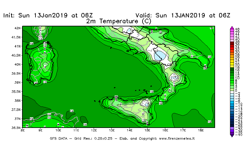 Mappa di analisi GFS - Temperatura a 2 metri dal suolo [°C] in Sud-Italia
									del 13/01/2019 06 <!--googleoff: index-->UTC<!--googleon: index-->