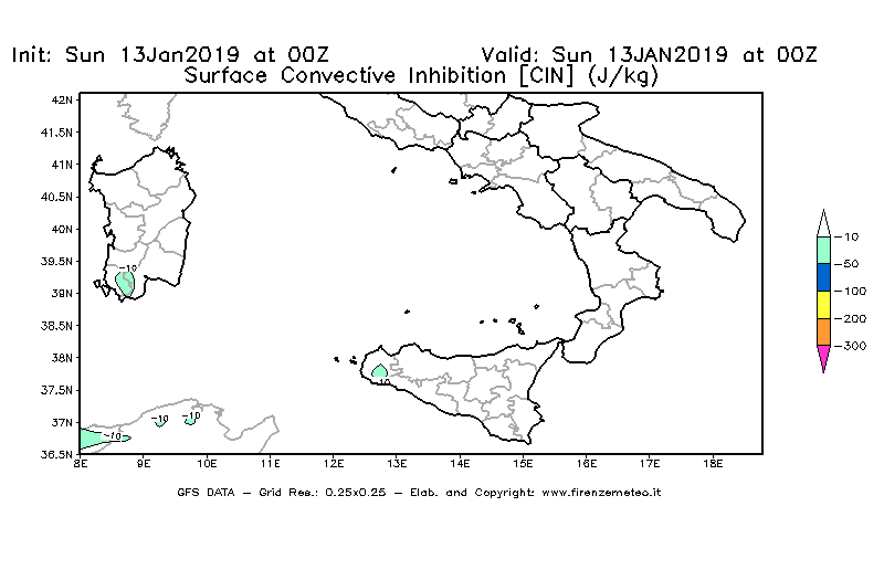 Mappa di analisi GFS - CIN [J/kg] in Sud-Italia
									del 13/01/2019 00 <!--googleoff: index-->UTC<!--googleon: index-->