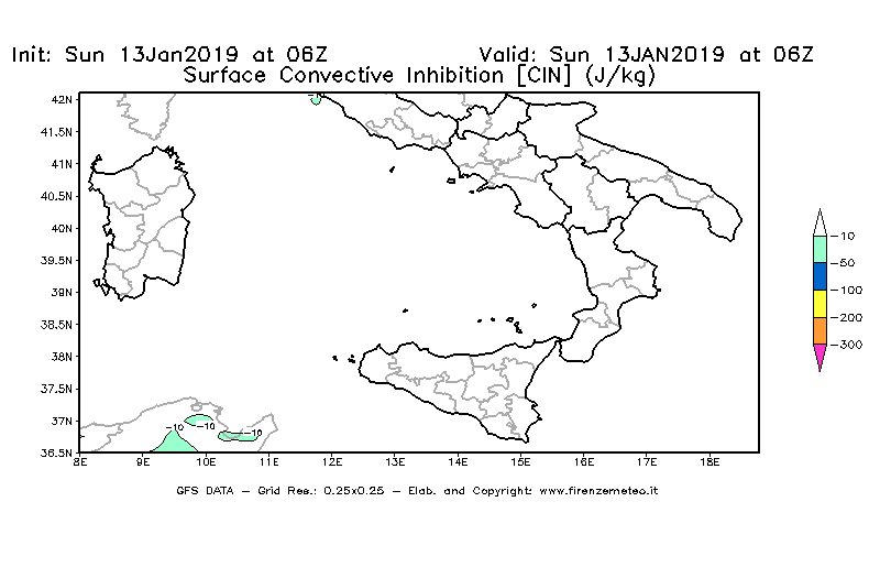 Mappa di analisi GFS - CIN [J/kg] in Sud-Italia
									del 13/01/2019 06 <!--googleoff: index-->UTC<!--googleon: index-->