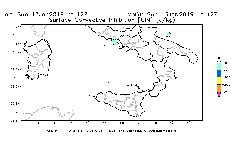 Mappa di analisi GFS - CIN [J/kg] in Sud-Italia
							del 13/01/2019 12 <!--googleoff: index-->UTC<!--googleon: index-->